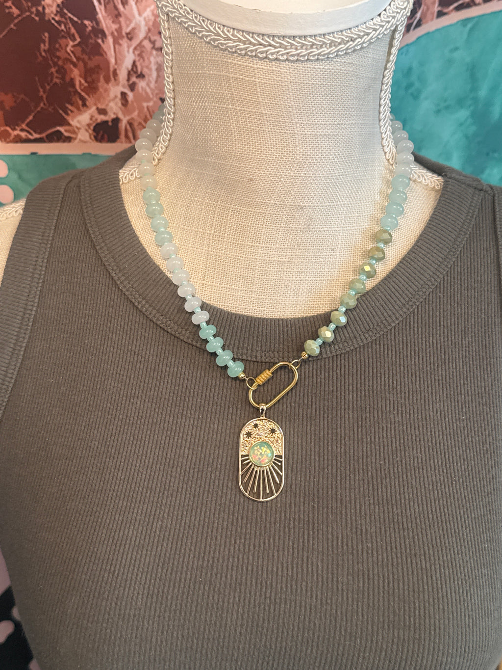Aqua Glass Bead Necklace with Boho Opal Pendant – 18”