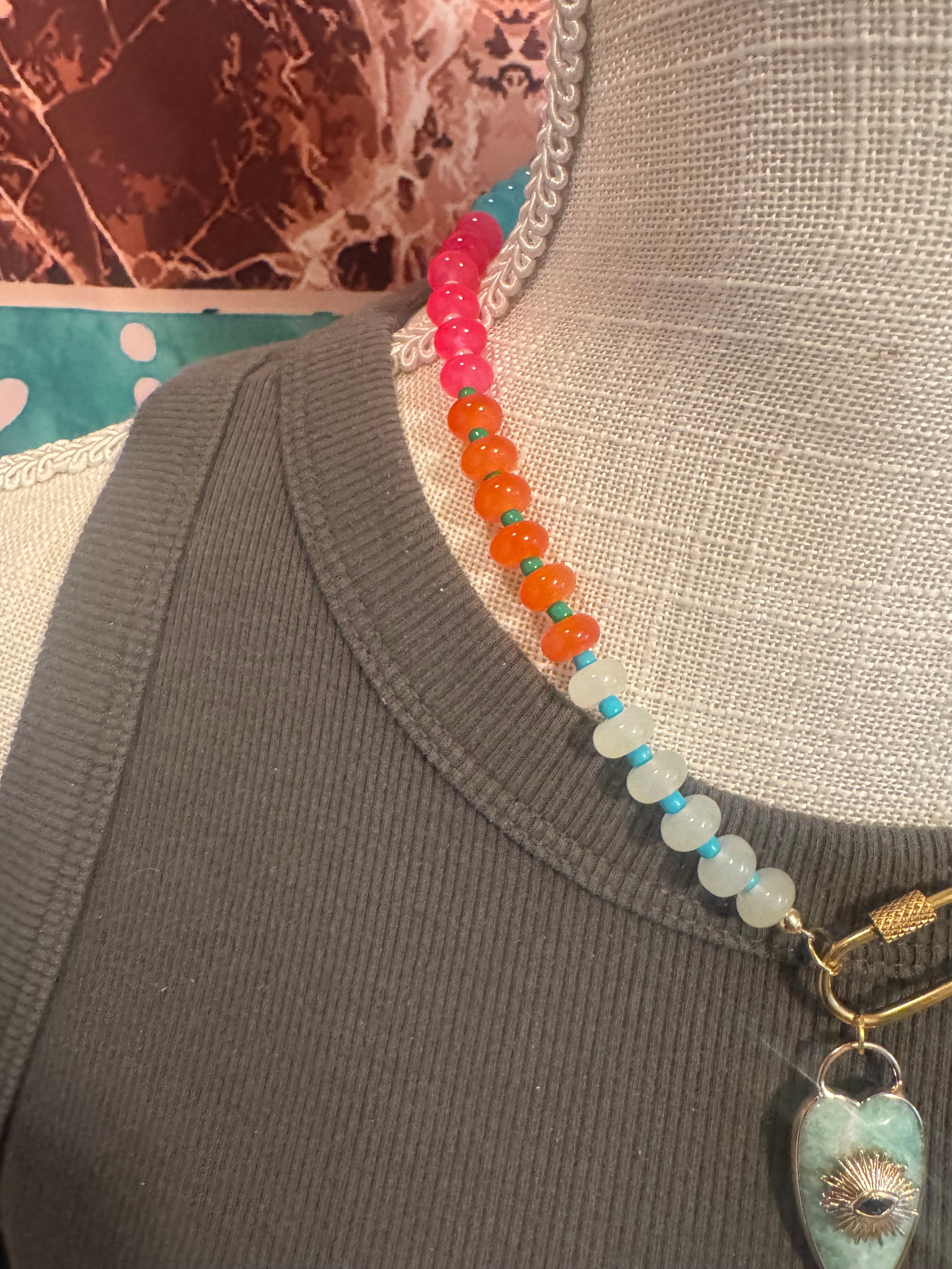 Aqua Glass Bead Necklace with Boho Opal Pendant – 18”