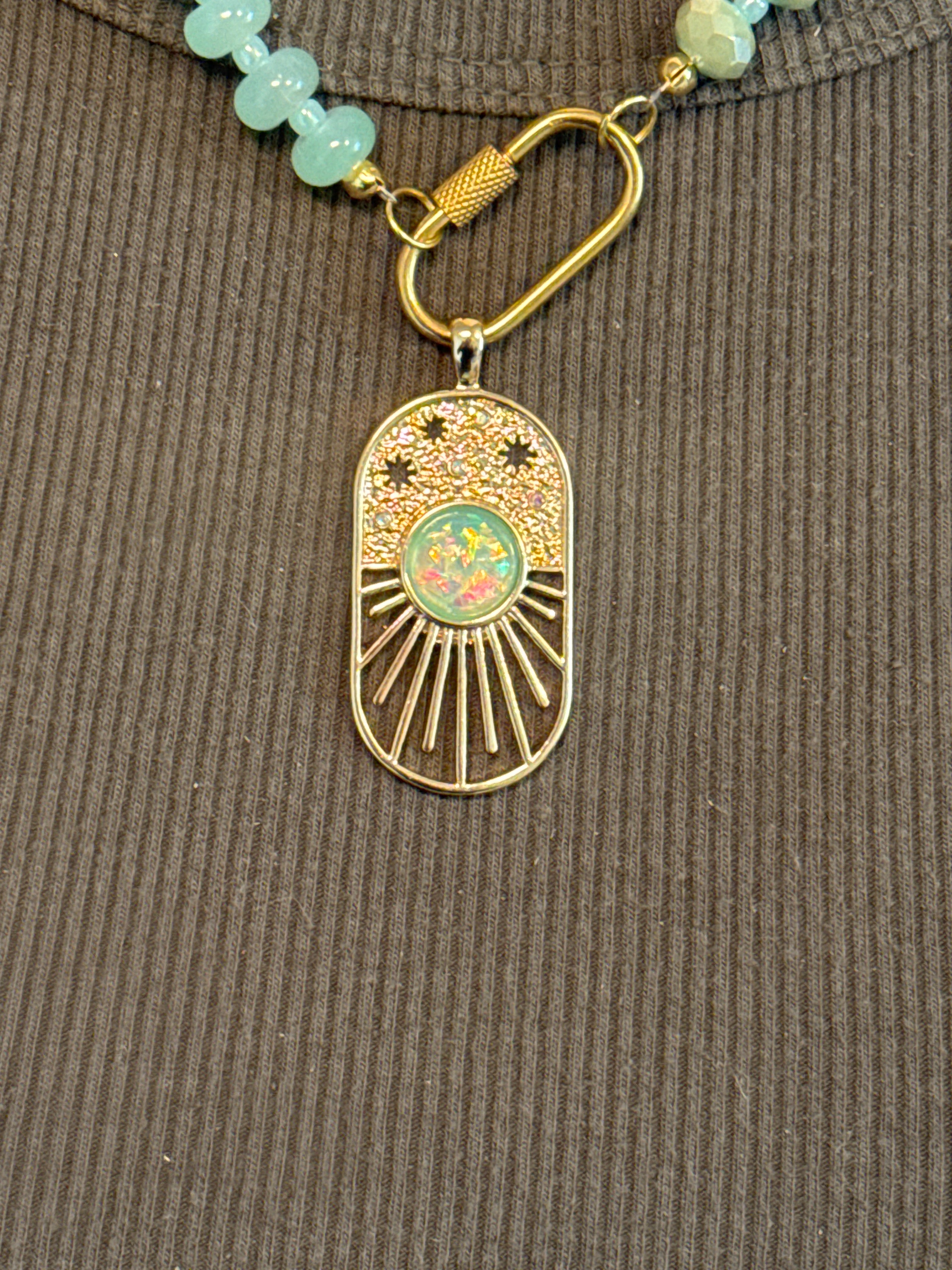 Aqua Glass Bead Necklace with Boho Opal Pendant – 18”