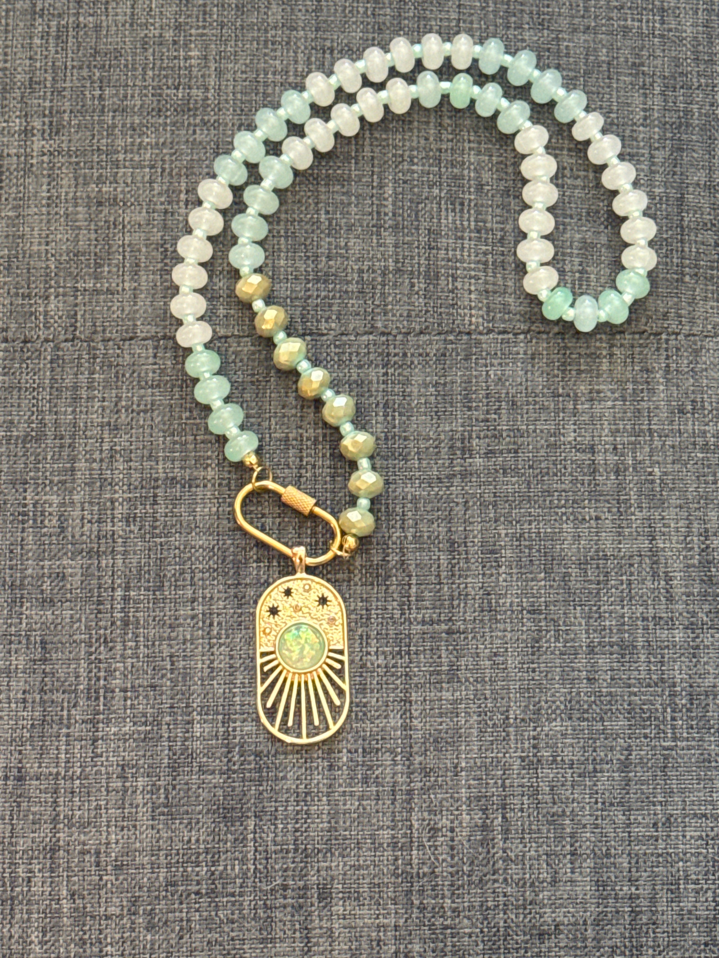 Aqua Glass Bead Necklace with Boho Opal Pendant – 18”