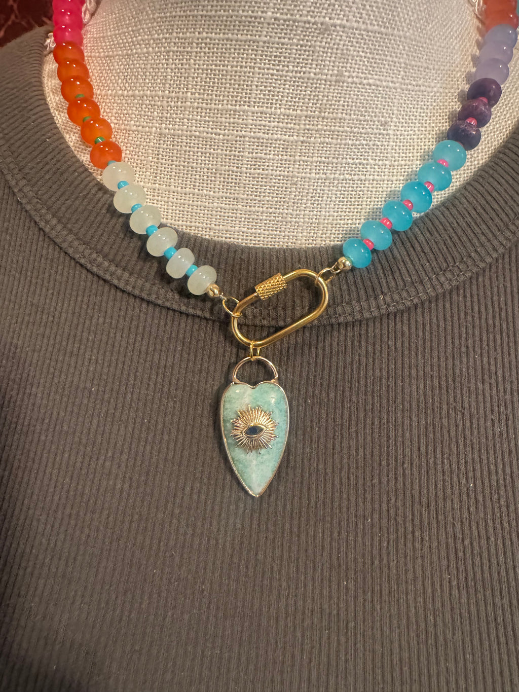 Aqua Glass Bead Necklace with Boho Opal Pendant – 18”