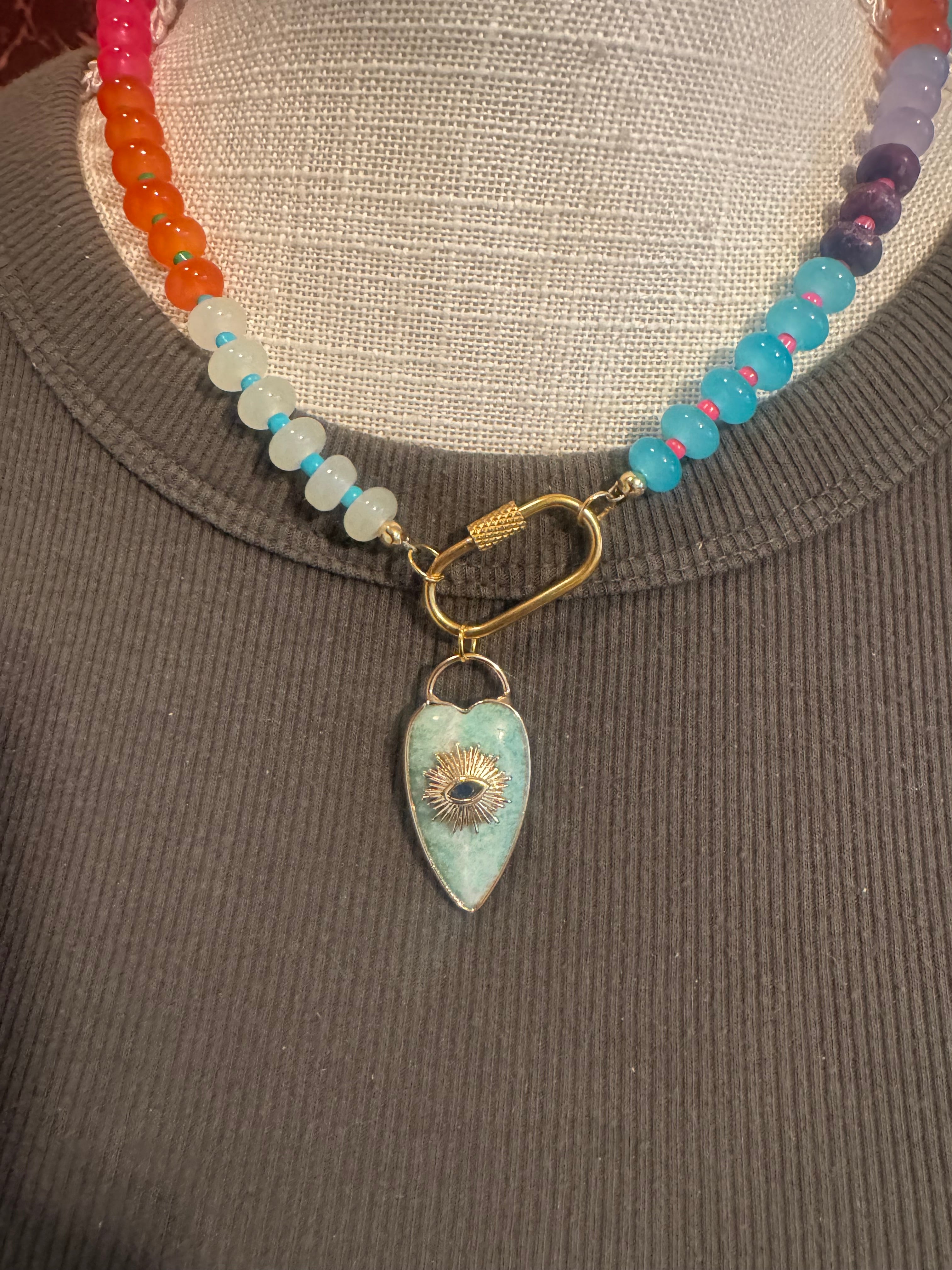 Aqua Glass Bead Necklace with Boho Opal Pendant – 18”