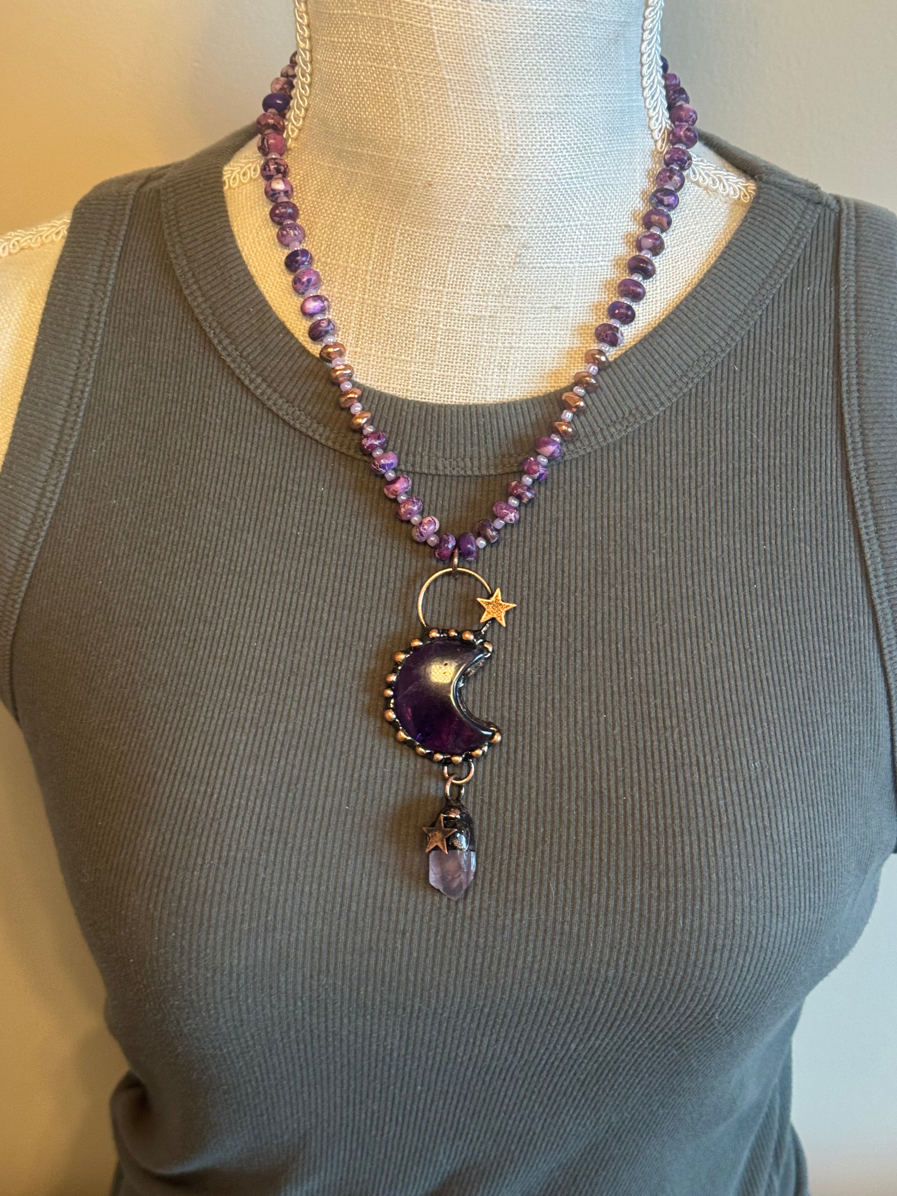 Copper and Amethyst Celestial Moon Statement Necklace