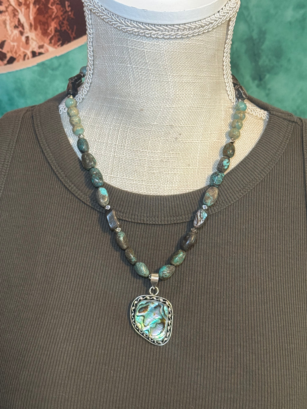 20” Imperial Jasper, Raw Turquoise & Abalone Necklace with Sterling Silver Abalone Pendant