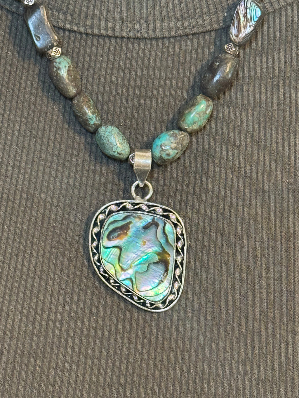 20” Imperial Jasper, Raw Turquoise & Abalone Necklace with Sterling Silver Abalone Pendant
