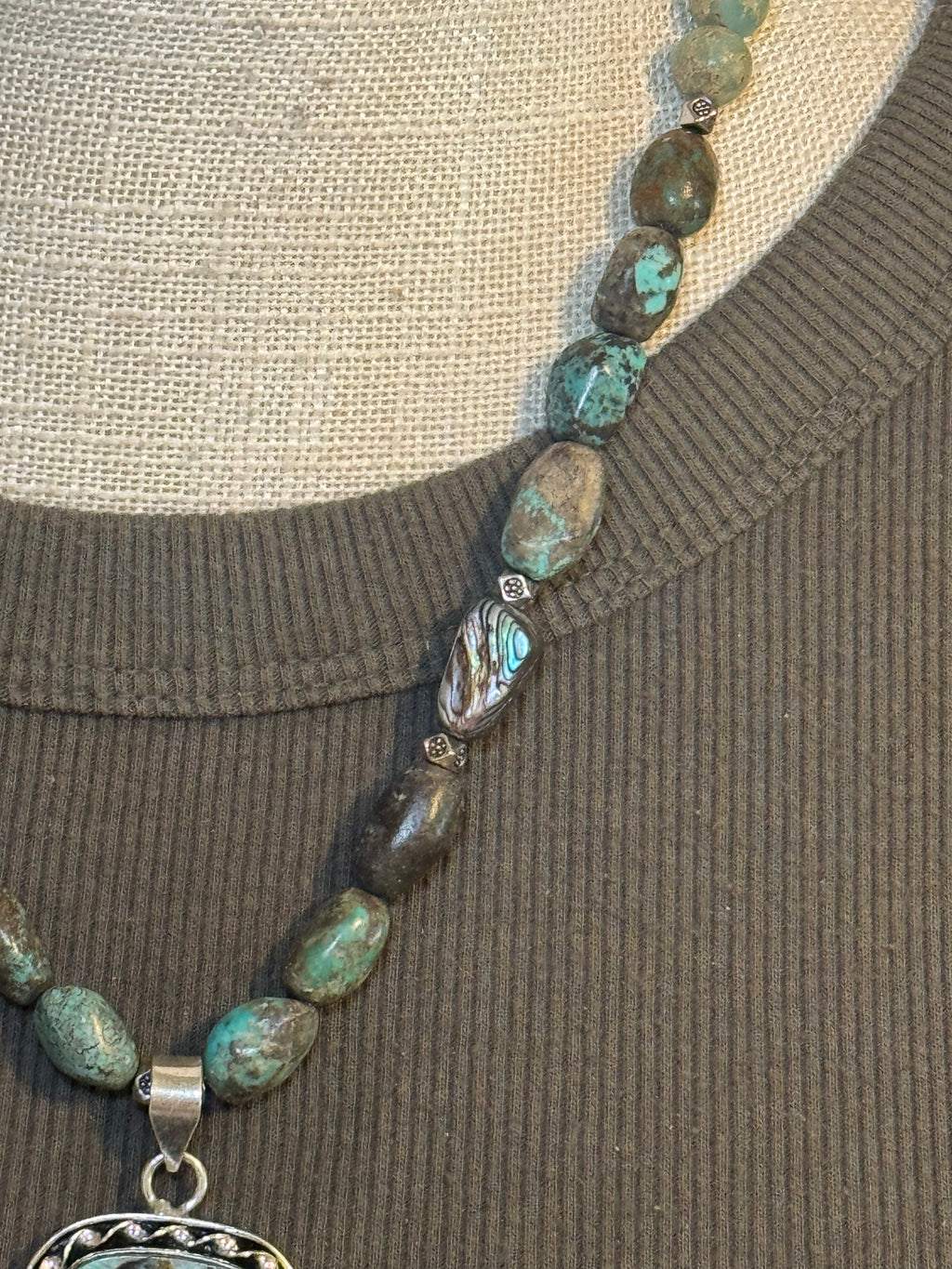 20” Imperial Jasper, Raw Turquoise & Abalone Necklace with Sterling Silver Abalone Pendant