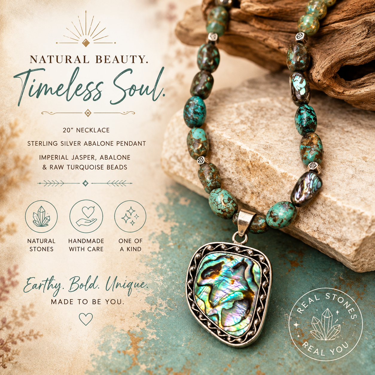 20” Imperial Jasper, Raw Turquoise & Abalone Necklace with Sterling Silver Abalone Pendant