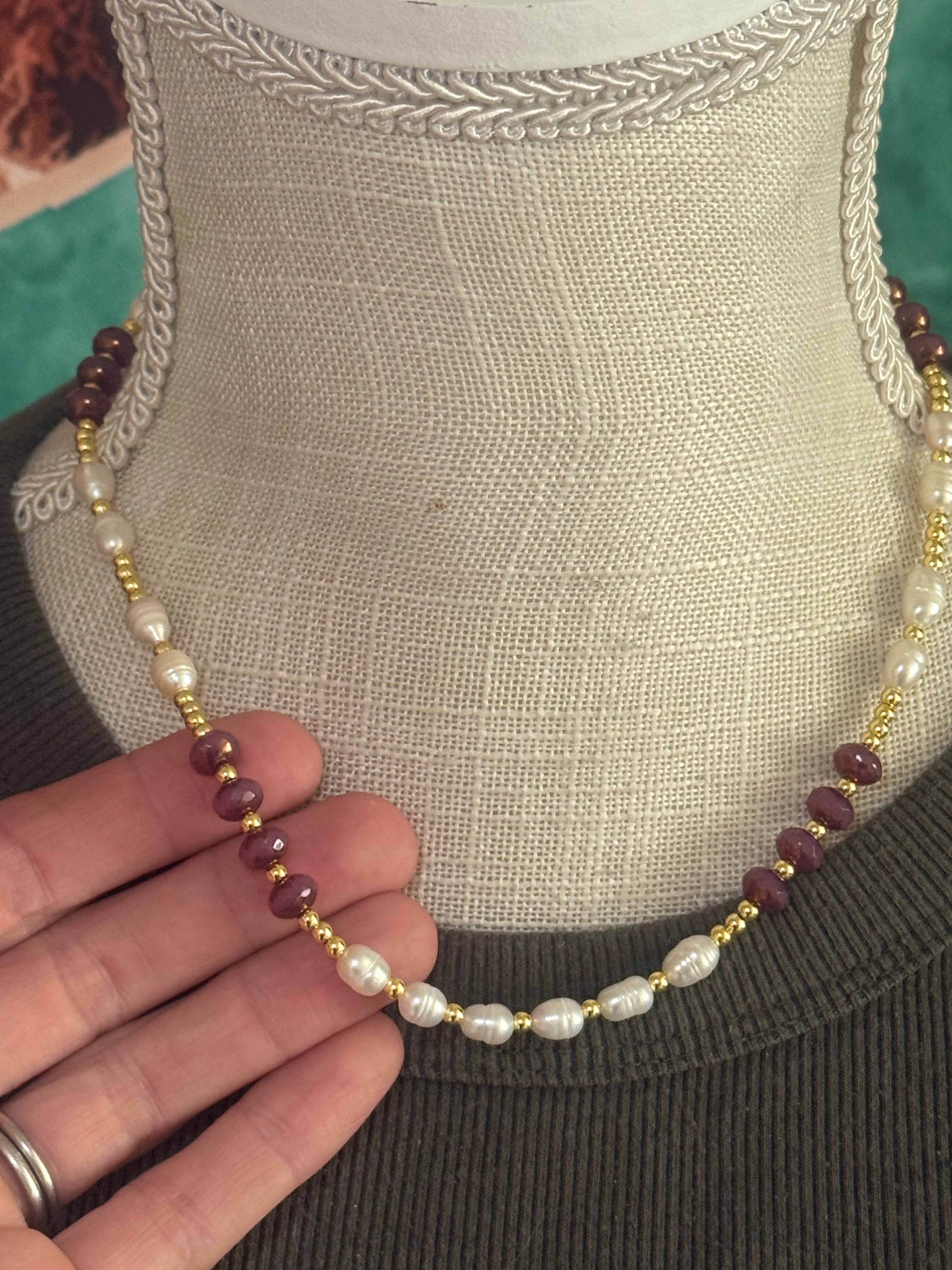 Pearl & Opaline Fire Polished Bead Necklace – 18”