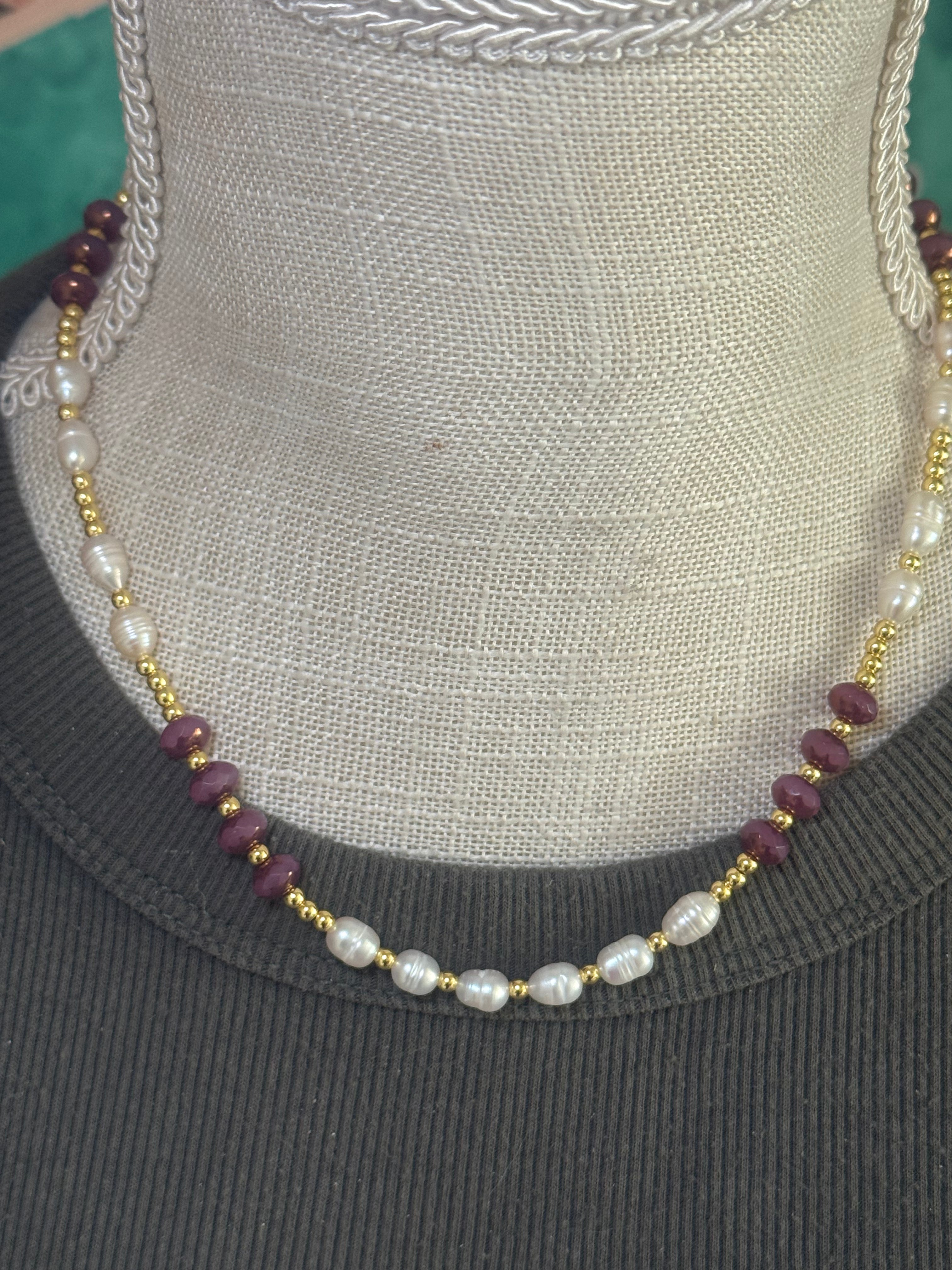 Pearl & Opaline Fire Polished Bead Necklace – 18”