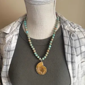Ammonite Fossil Necklace with Turquoise, Snakeskin Jasper and Picture Jasper/20"