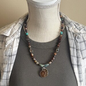 Ammonite Fossil Necklace | Agate, Turquoise & Abalone Beaded Necklace | 20”