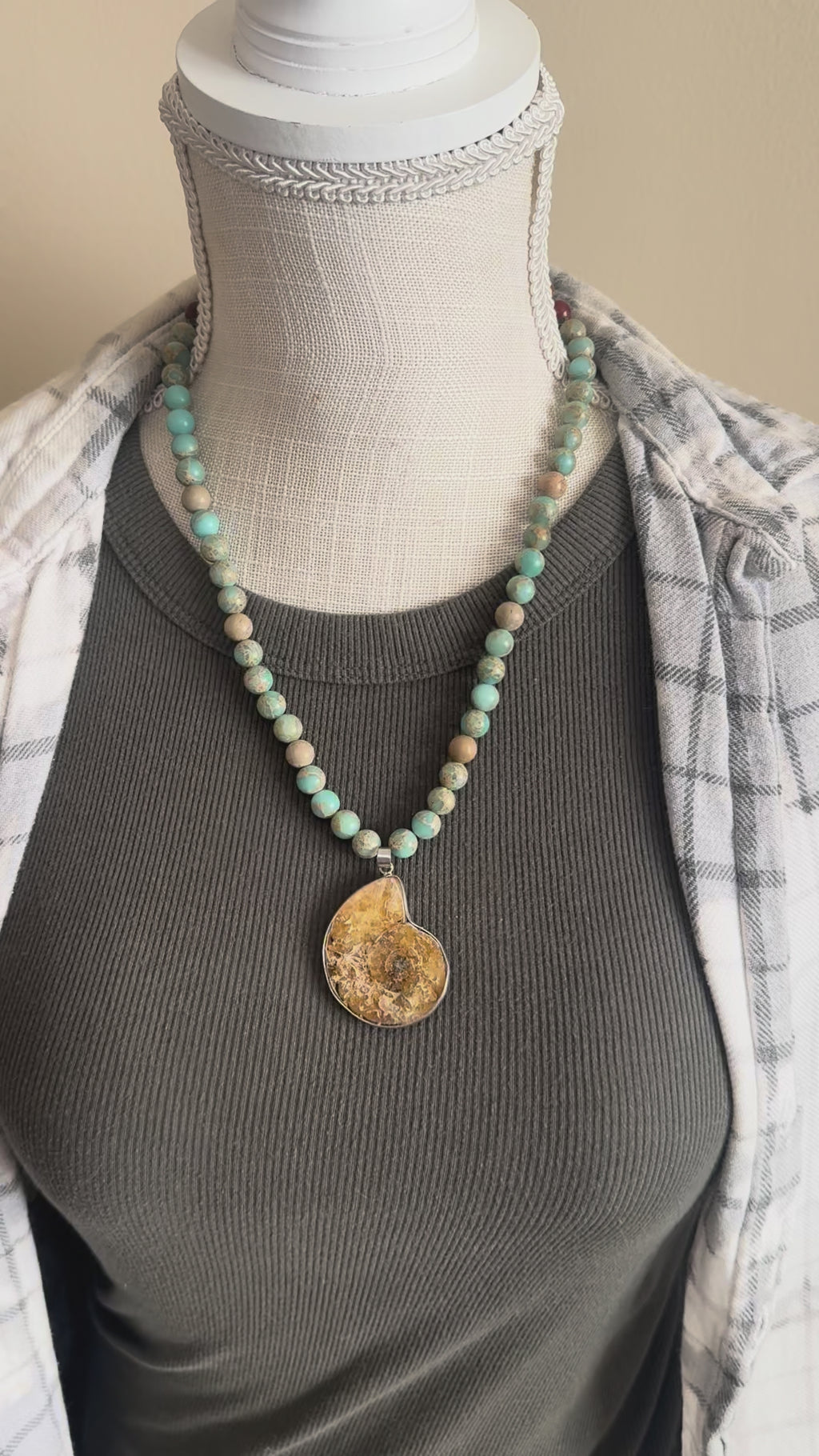 Ammonite Fossil Necklace with Turquoise, Snakeskin Jasper and Picture Jasper/20"