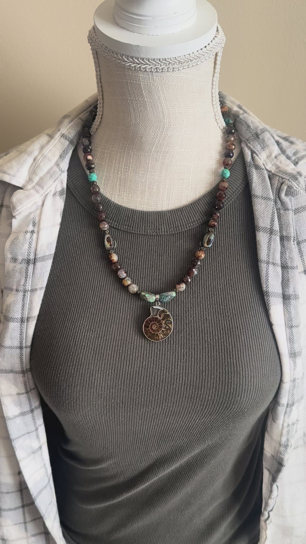 Ammonite Fossil Necklace | Agate, Turquoise & Abalone Beaded Necklace | 20”