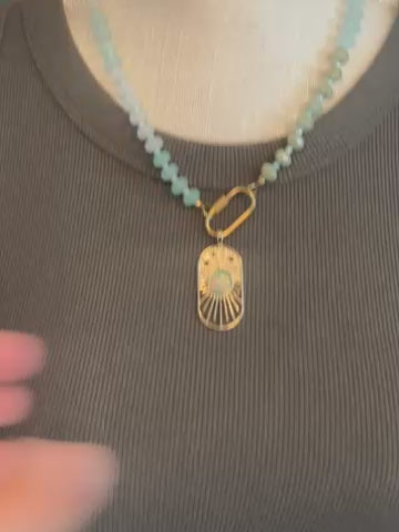Aqua Glass Bead Necklace with Boho Opal Pendant – 18”